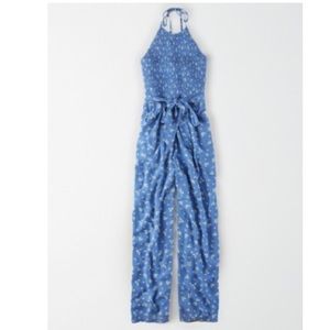 AE Smocked Halter Blue Floral Printed Tie Jumpsuit Romper with Pockets & Belt